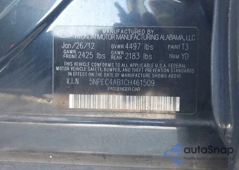 2012 Hyundai Sonata Limited 2.0T z USA, uszkodzony, nr VIN 5NPEC4AB1CH461509